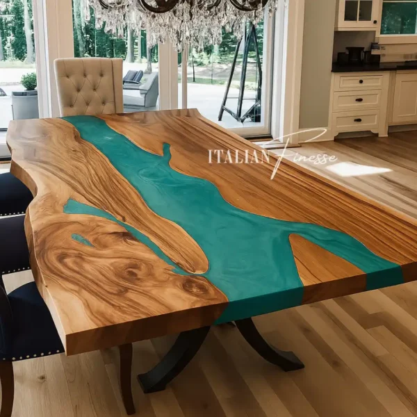 Tavolo artigianale in noce europeo con inserti ampi in resina azzurra, gambe nere curve, ambientato in sala da pranzo elegante con ampie vetrate.