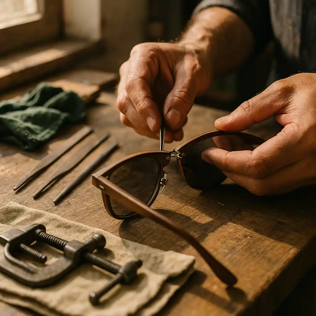 Artigiano italiano che assembla a mano occhiali da sole vintage in laboratorio con strumenti di precisione su banco di legno illuminato dal sole.